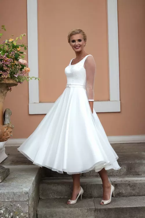 Marlow 40s Style Pearl Tea Length Bridal Dress Brighton Belle